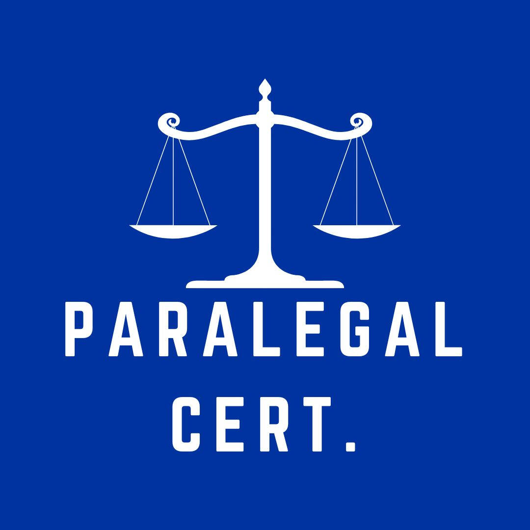 blue logo for legal studies major, image is a drawing of scales of justice above text that reads "paralegal cert."